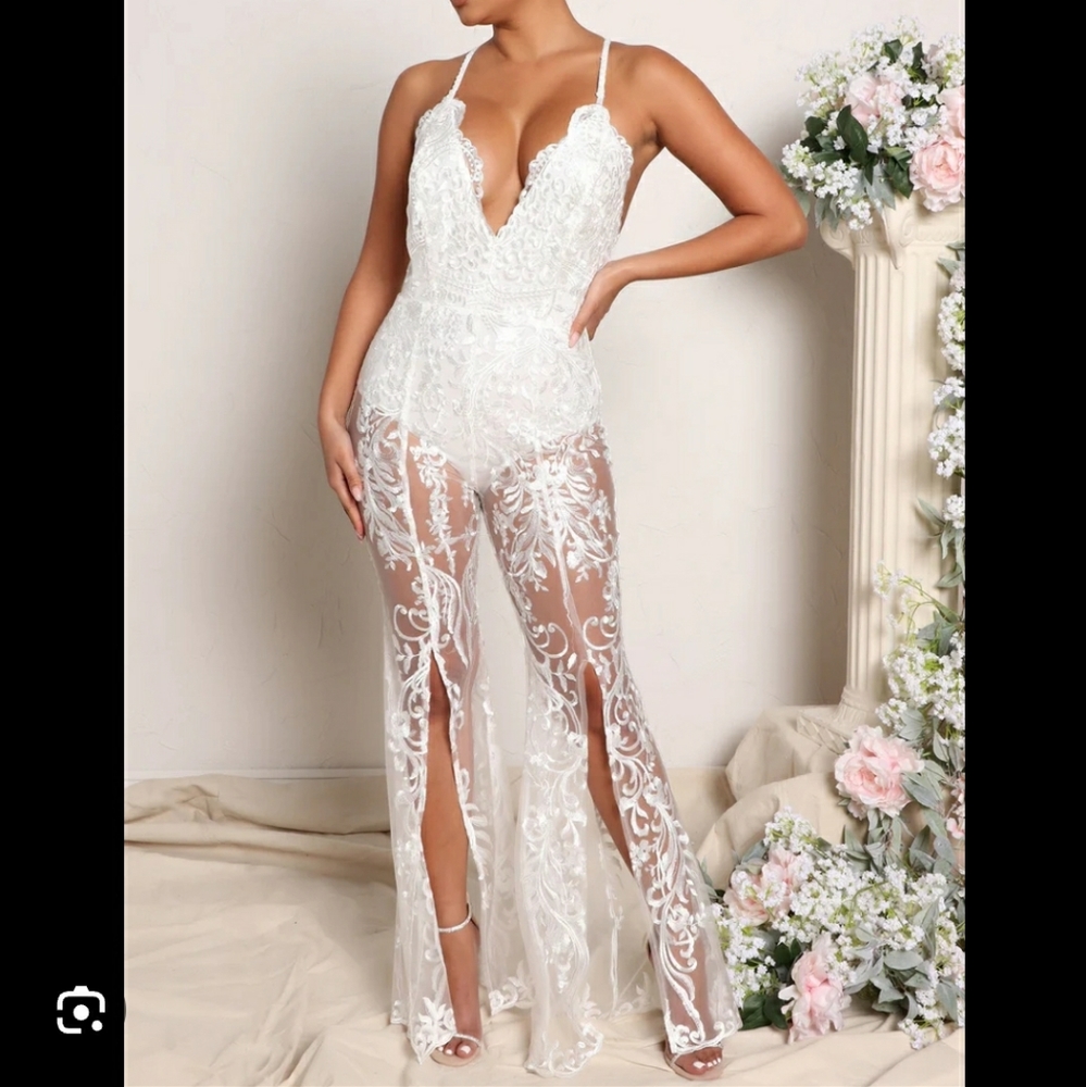 Fashion Nova Down the Aisle white lace Jumpsuit Size M NWT